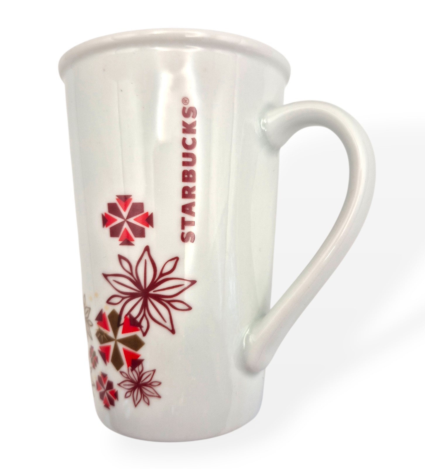 Starbucks 2014 Christmas Poinsettia Mug 12oz White Red Gold Tapered Coffee Cup