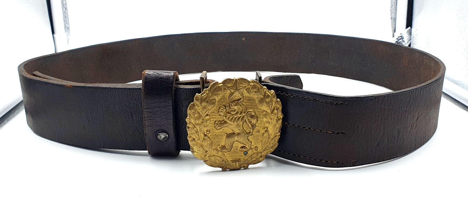 Vintage Bulgarian communist military officers leather belt & bronze lion buckle