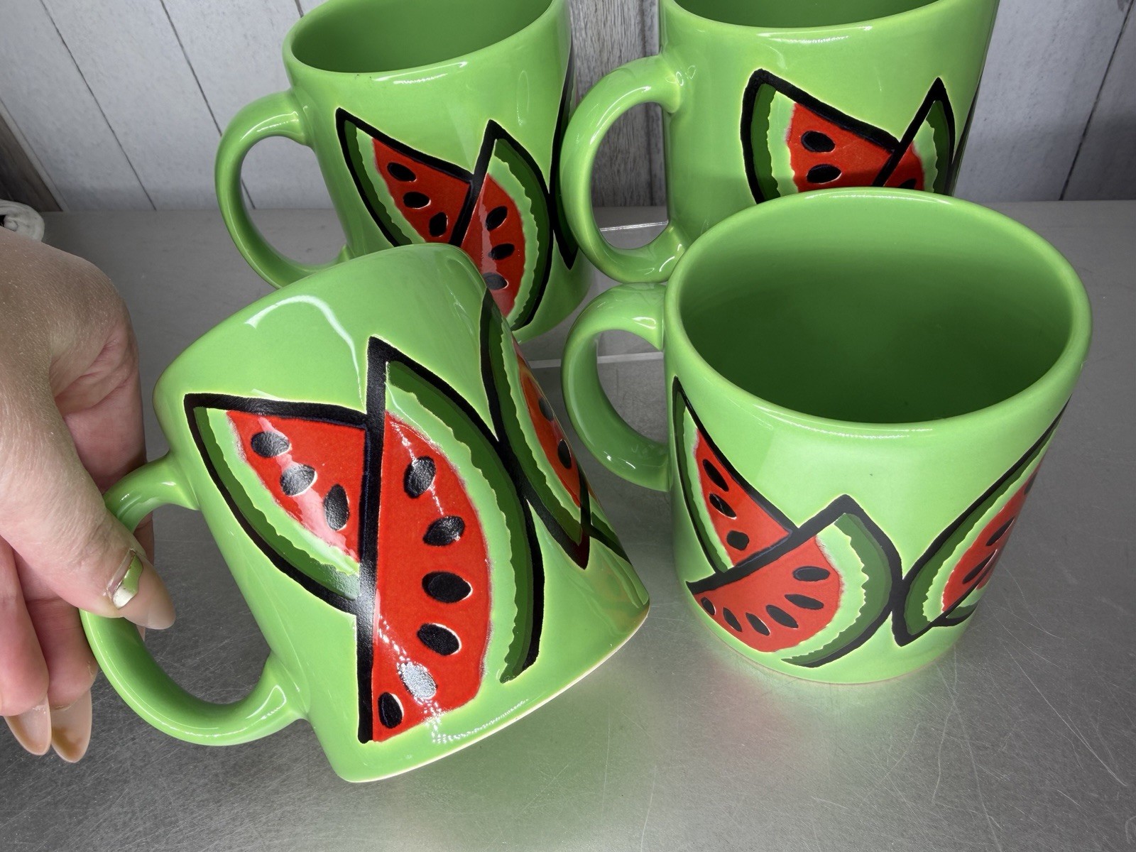 VTG Waechtersbach Coffee Mug Watermelon Red Green Set Of 4 Made In Spain