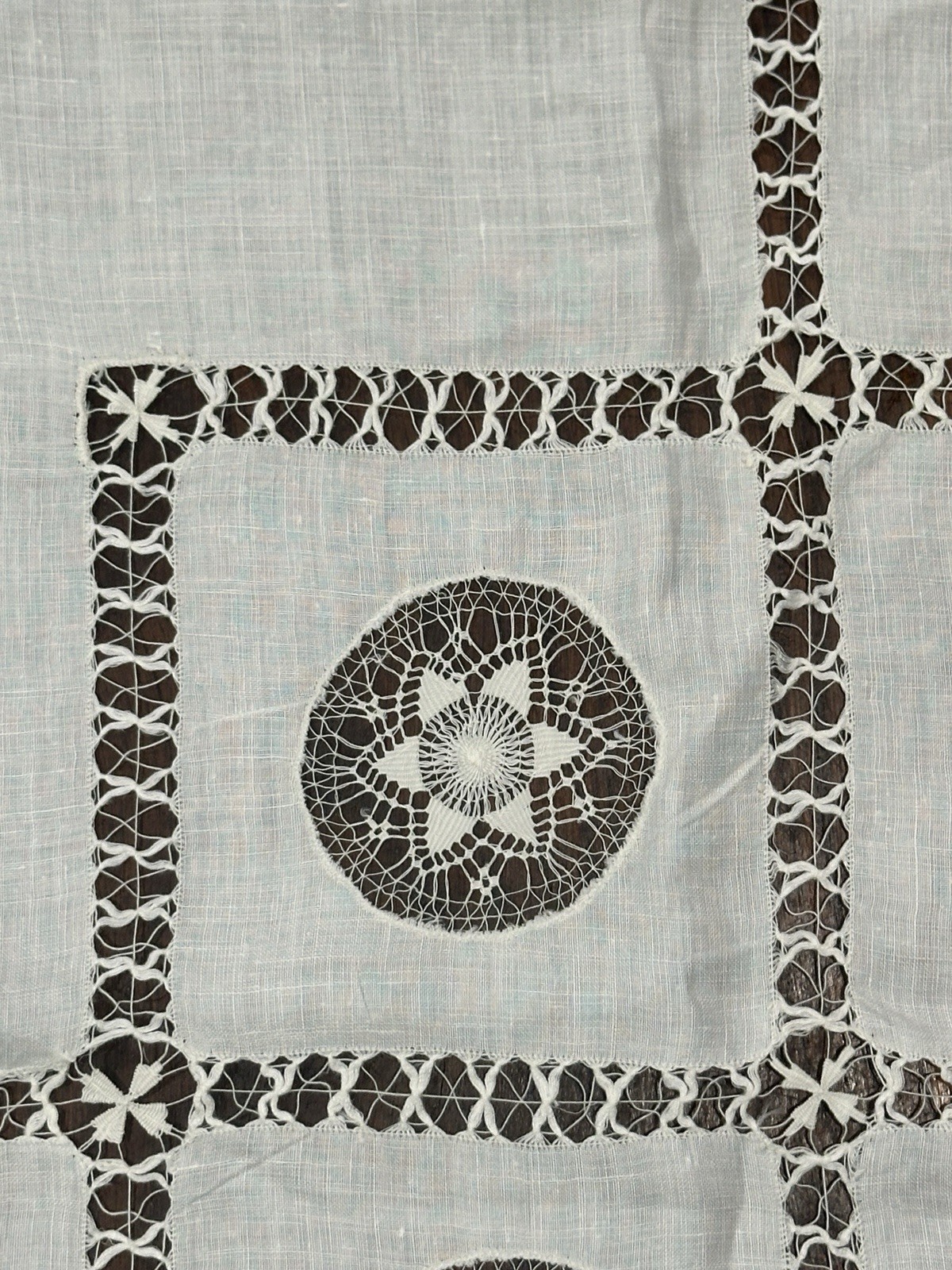 Vtg Table Topper 32” Square Wt Linen Handmade Tenerife Needle Lace Geometrics