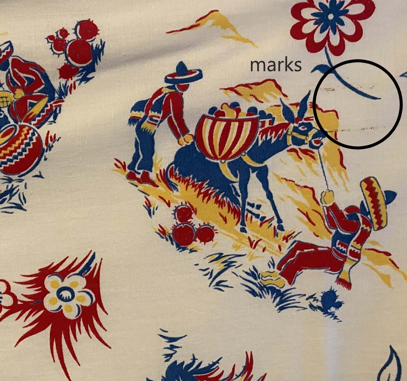 Vintage Mexican Tablecloth Cactus Men in Serapes Burros 44″ x 47″ Cinco de Mayo