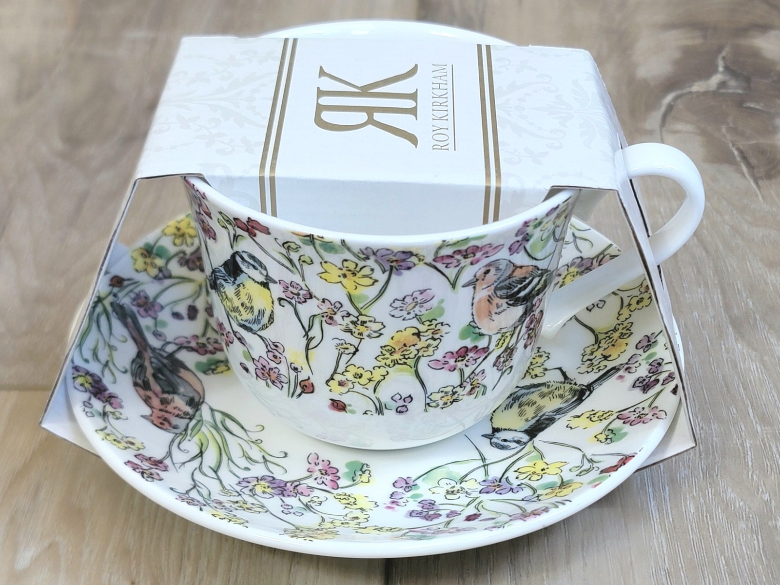 Roy Kirkham Fine Bone China Jumbo Tea Cup & Saucer Set Birds Flowers England