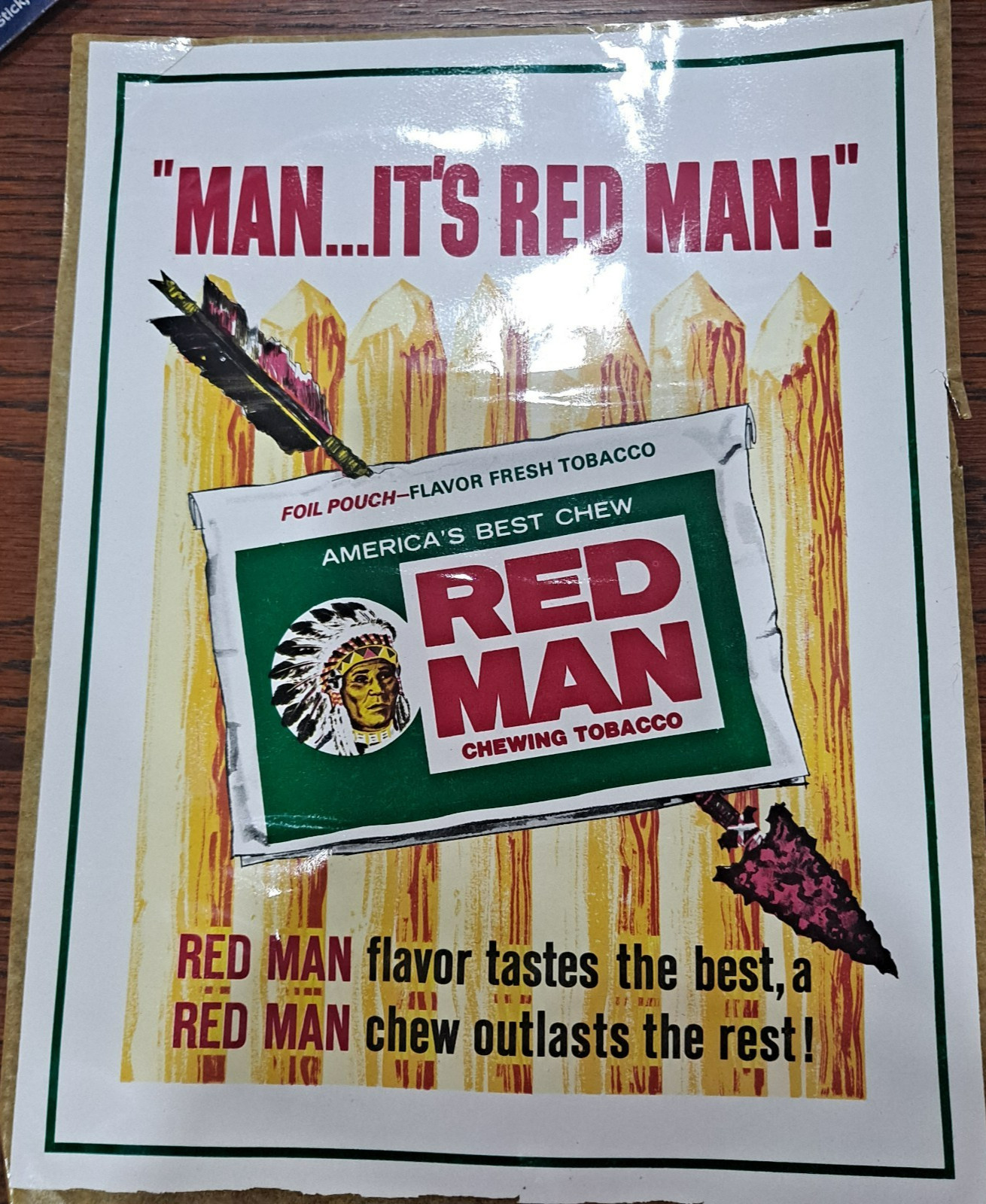 Vintage Red Man Chewing Tobacco Adhesive Backing Window Sign Ad Decal 8″ x 10″