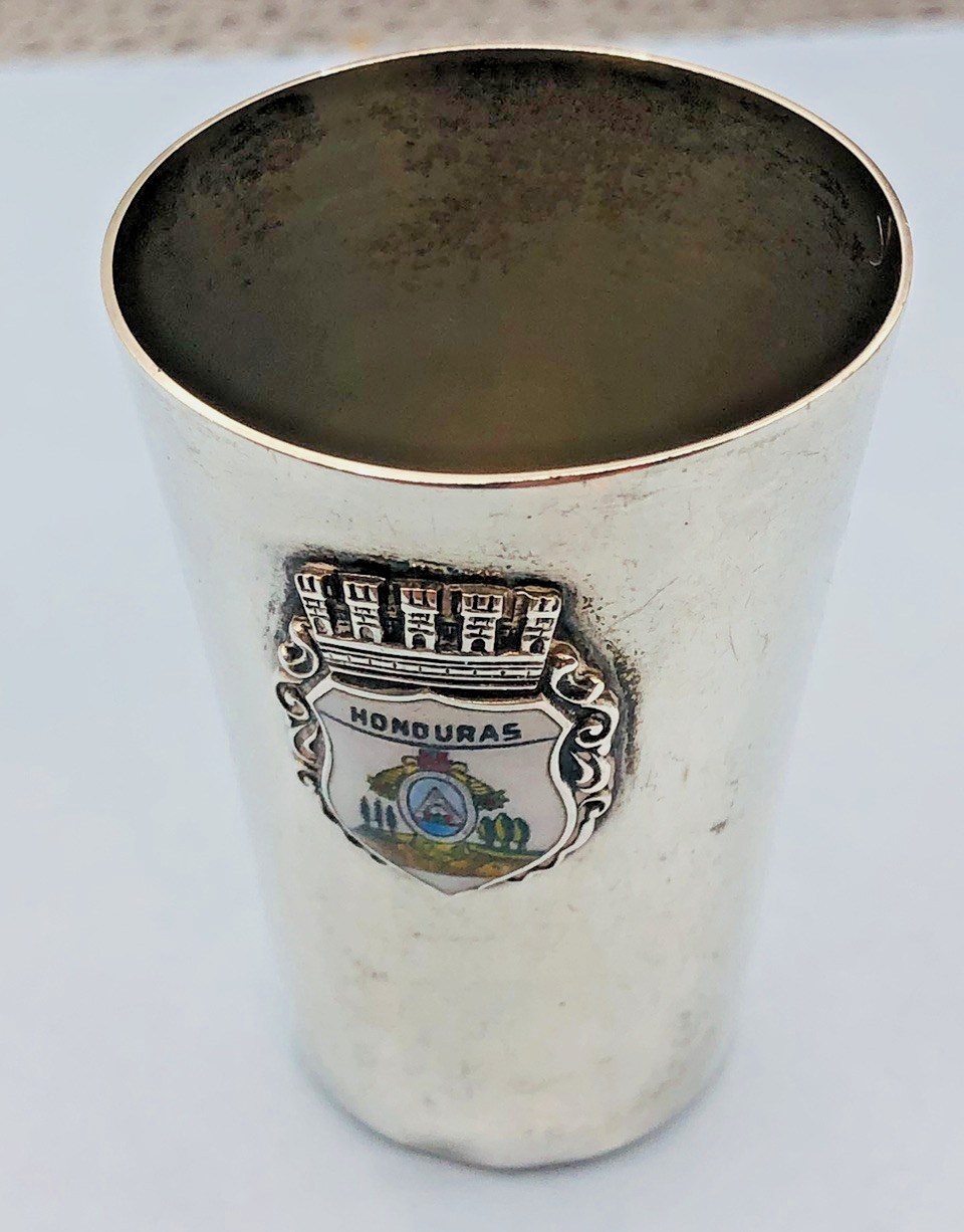 Vintage 800 Silver HONDURAS Shot Glass with Enameled Crest. 21 Grams