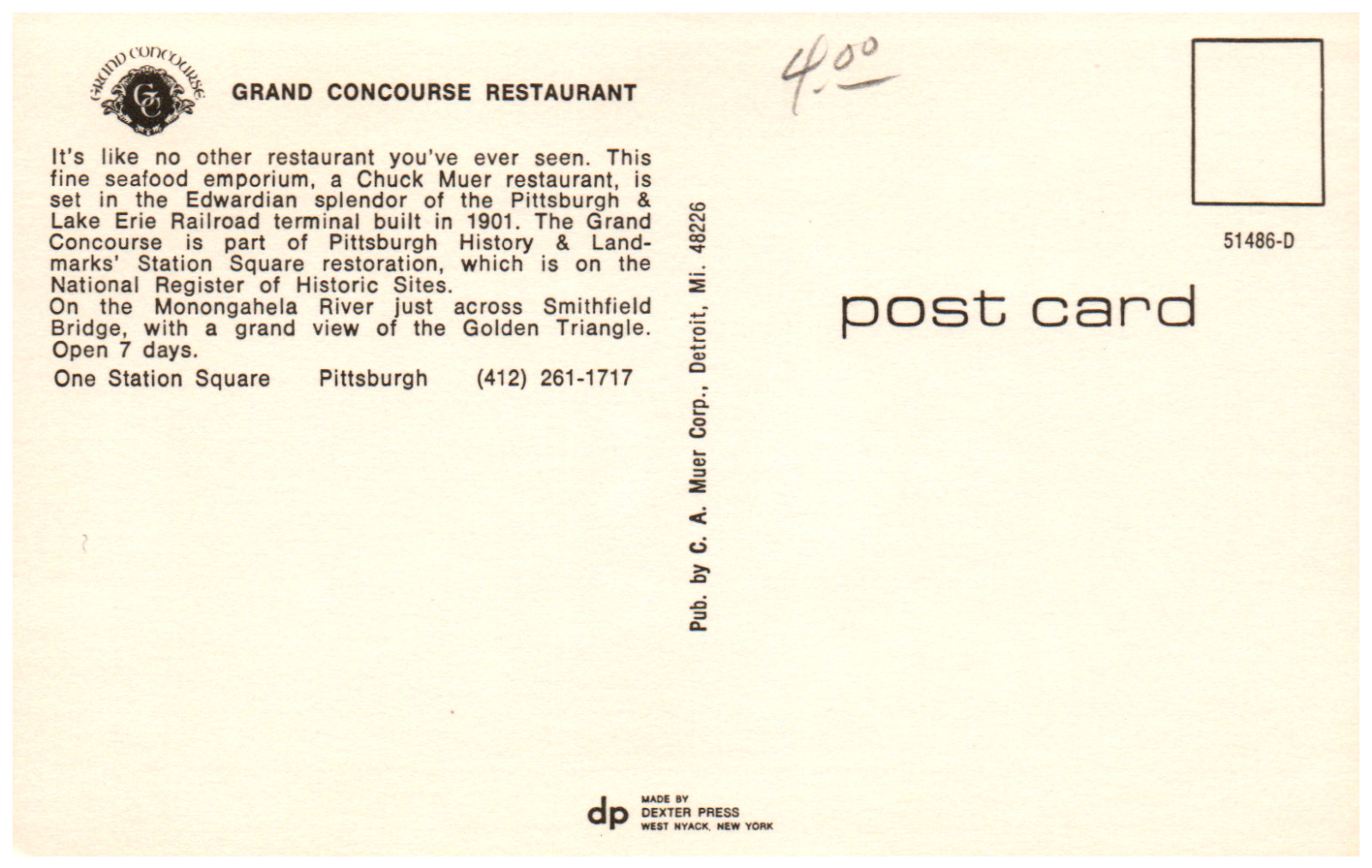 Postcard Grand Concourse Restaurant Pittsburgh PA Train Station