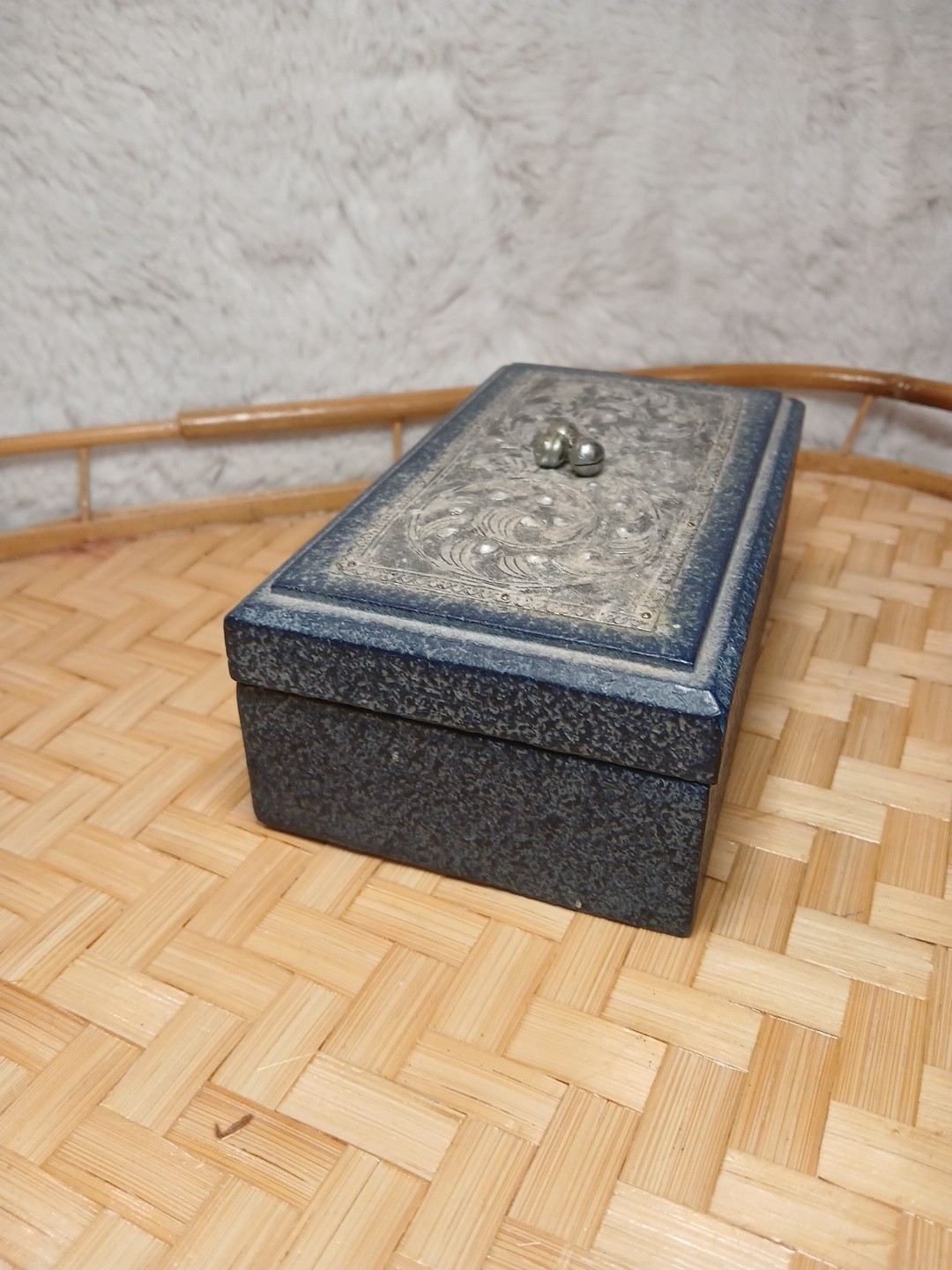 Blue Mango Wood textured Surfaces Silver Decorative top Trinket Box 6×3.5×2″