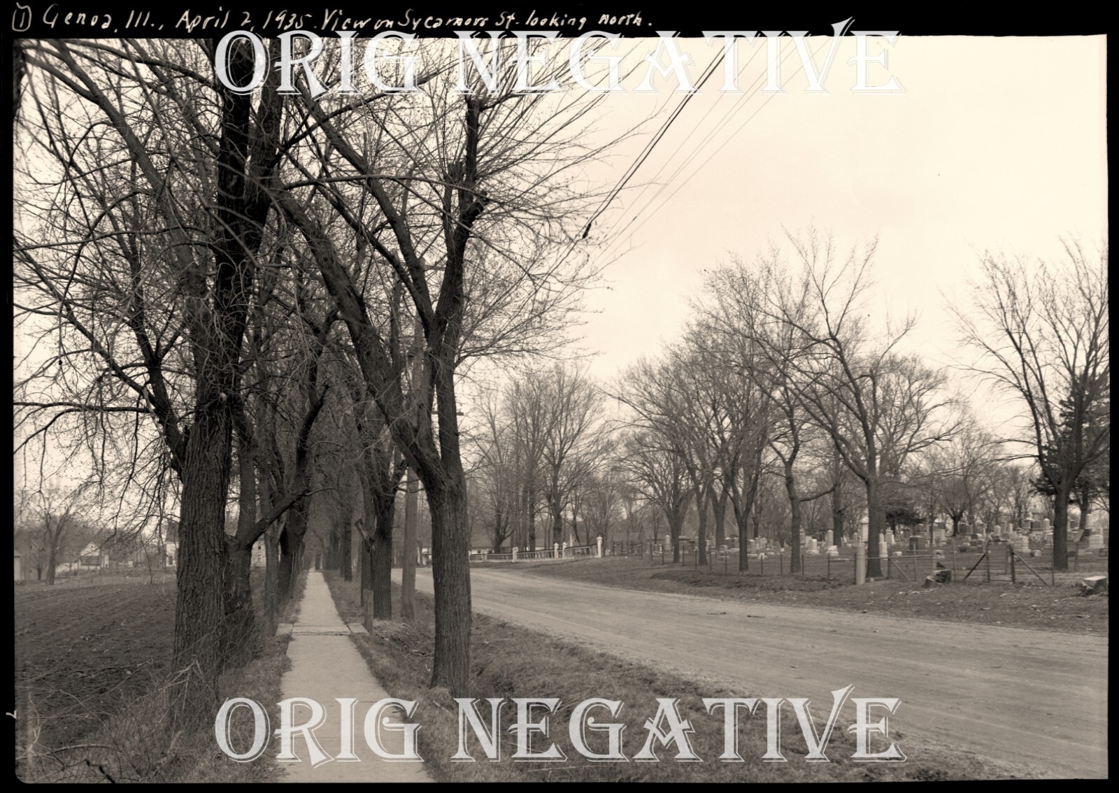 1930s Photo Neg Genoa IL Illinois View on Sycamore Street with Cemetery 5×7 1935