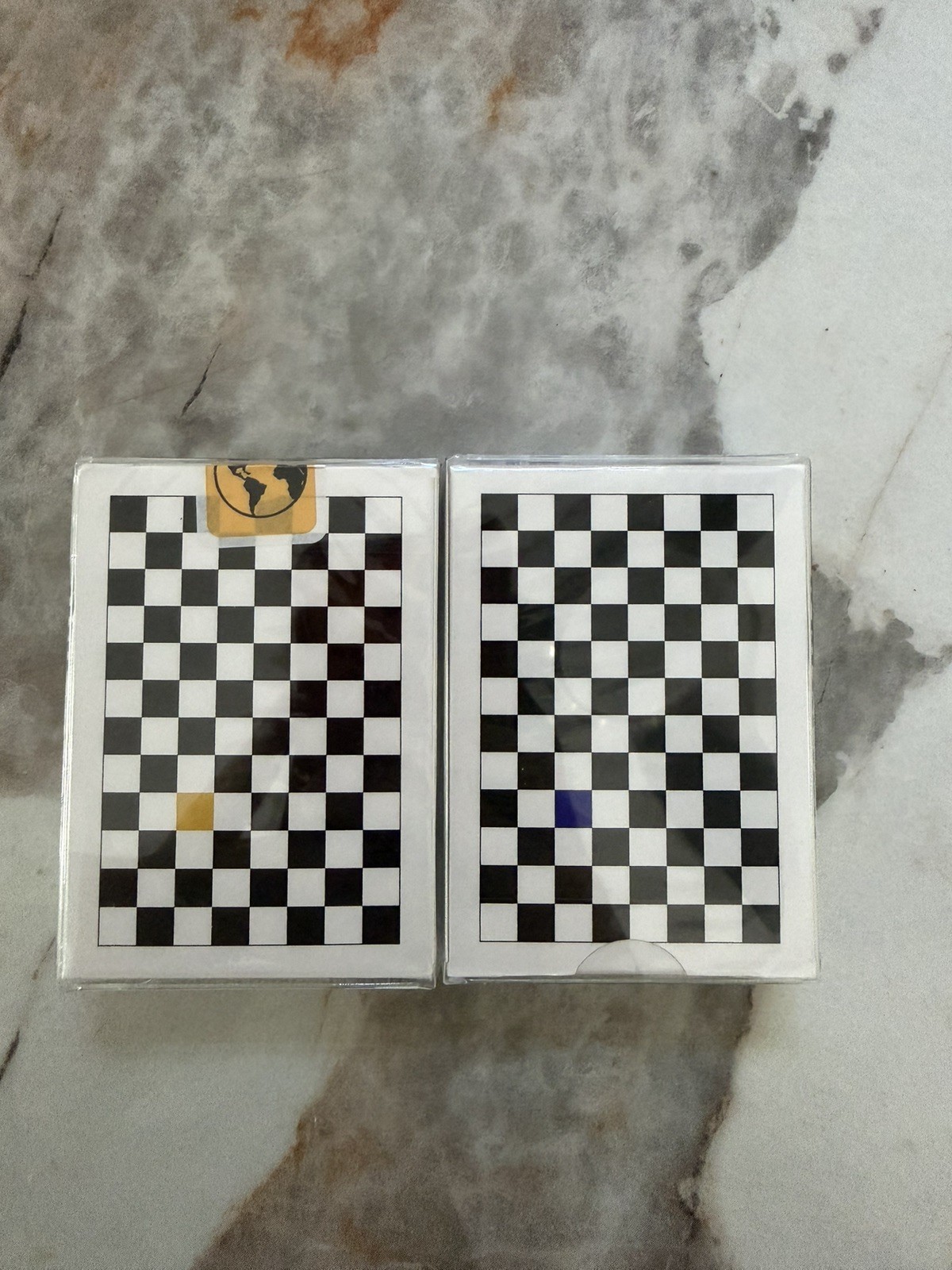 Lot of 2 Anyone Worldwide Blue/Black and Yellow Checkerboard Playing Cards