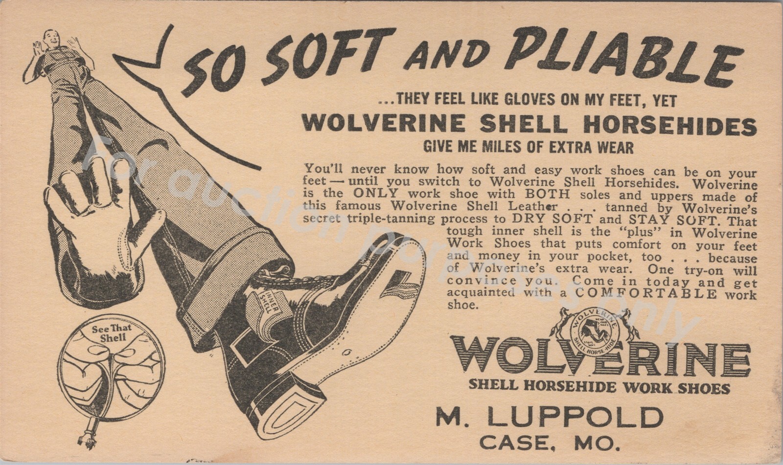 Case, MO Wolverine Horsehide Work Shoe Luppold Adv, Vintage Missouri Postal Card