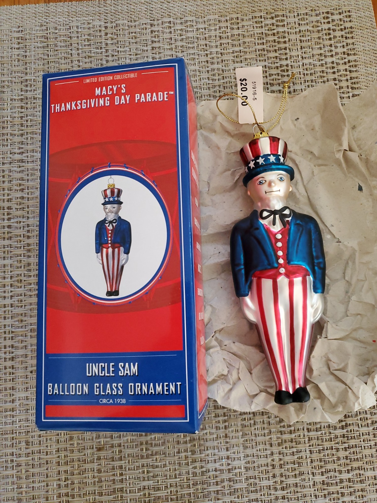 2002 Macy’s Uncle Sam Balloon Glass Christmas Ornament New In Box 6″
