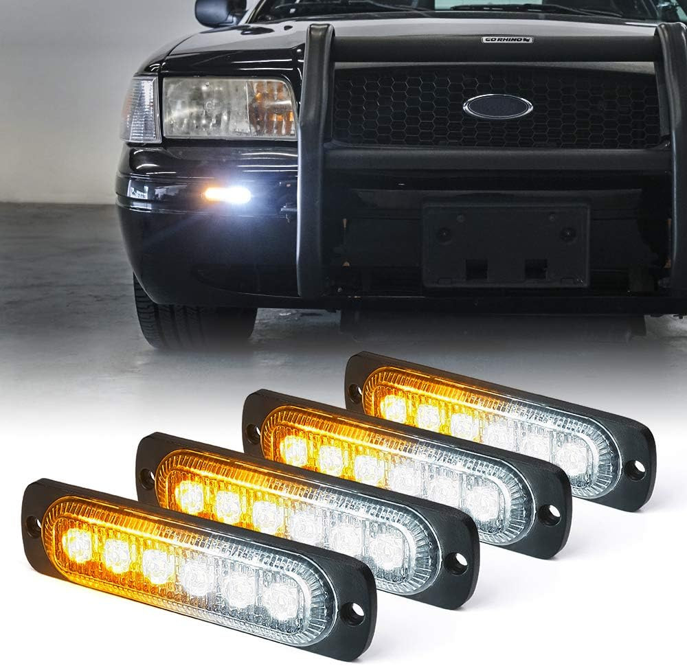 LED Strobe Lights 4 Pack 6-LED Amber White 18 Patterns Surface Mount Grill 12V