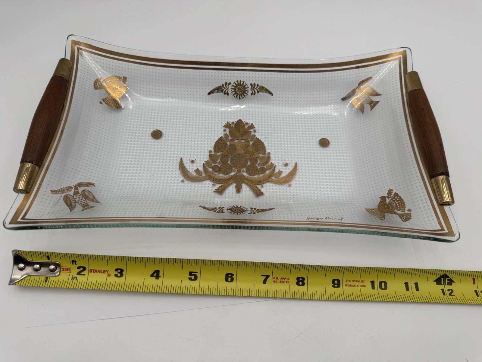 Georges Briard MCM Rectangle Glass Teak Wood Handles Gold Guilded Tray