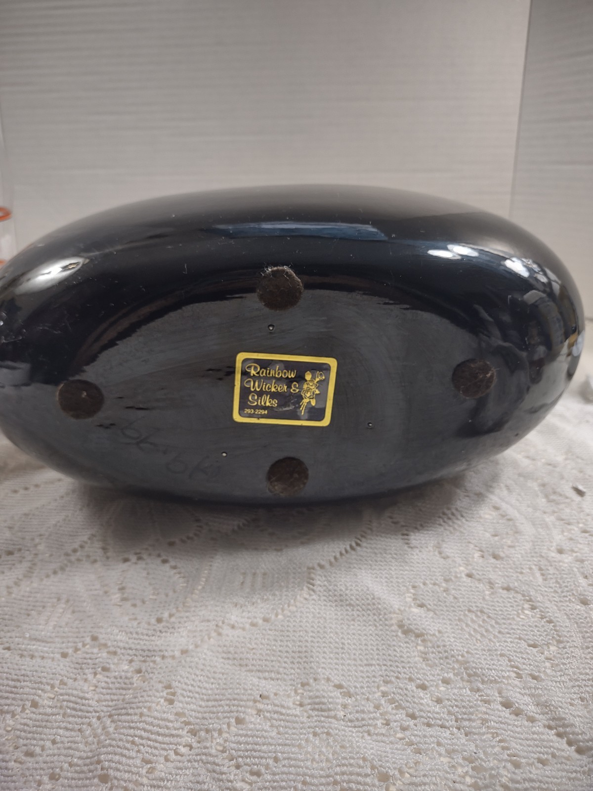 Vintage 80s Black Art Deco Ceramic Glass Oval Vase Large Contemporary Decor