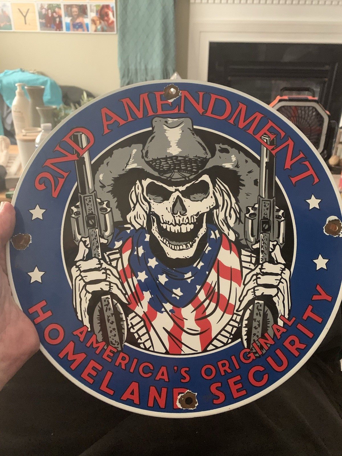 VINTAGE 2ND AMENDMENT PORCELAIN HARLEY SKULL COWBOY AMERICA GUN GAS PUMP SIGN