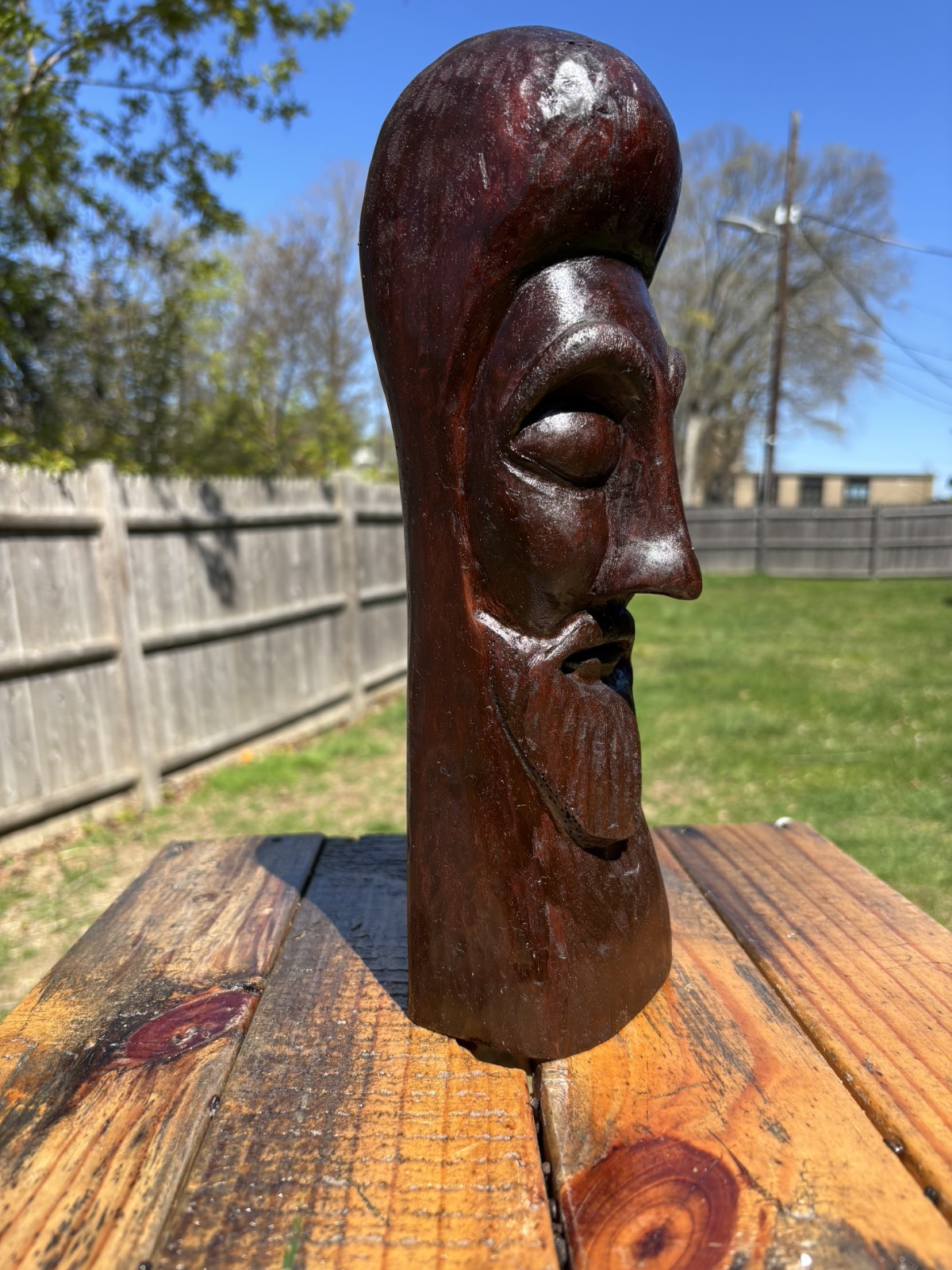 Hand Carved Wood Face Head Sculpture Figurine, Brown Wood-Finished