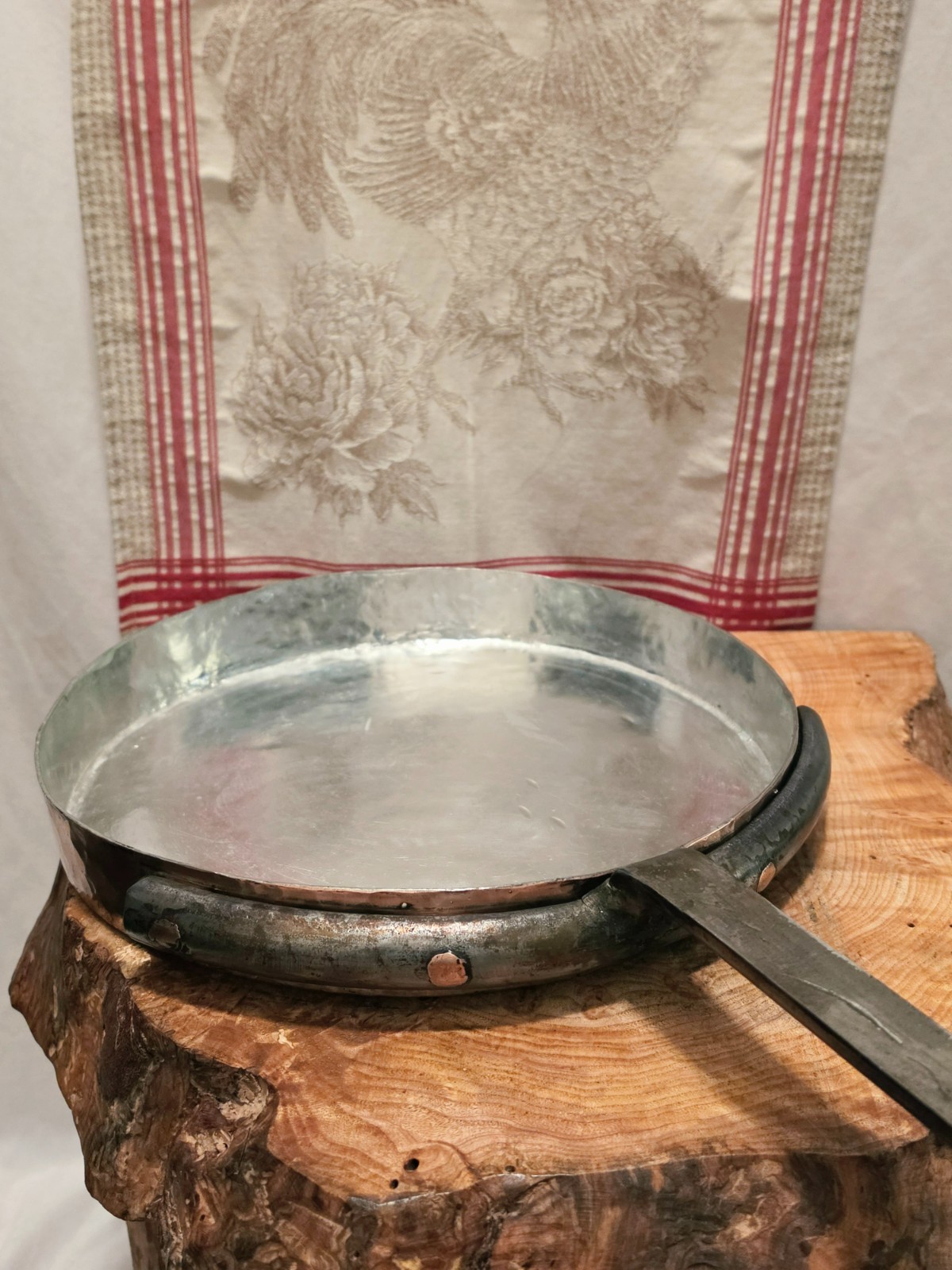Antique Copper Saute Pan 36cm-14 in diameter Hammered Finish Fresh Tin 12lb