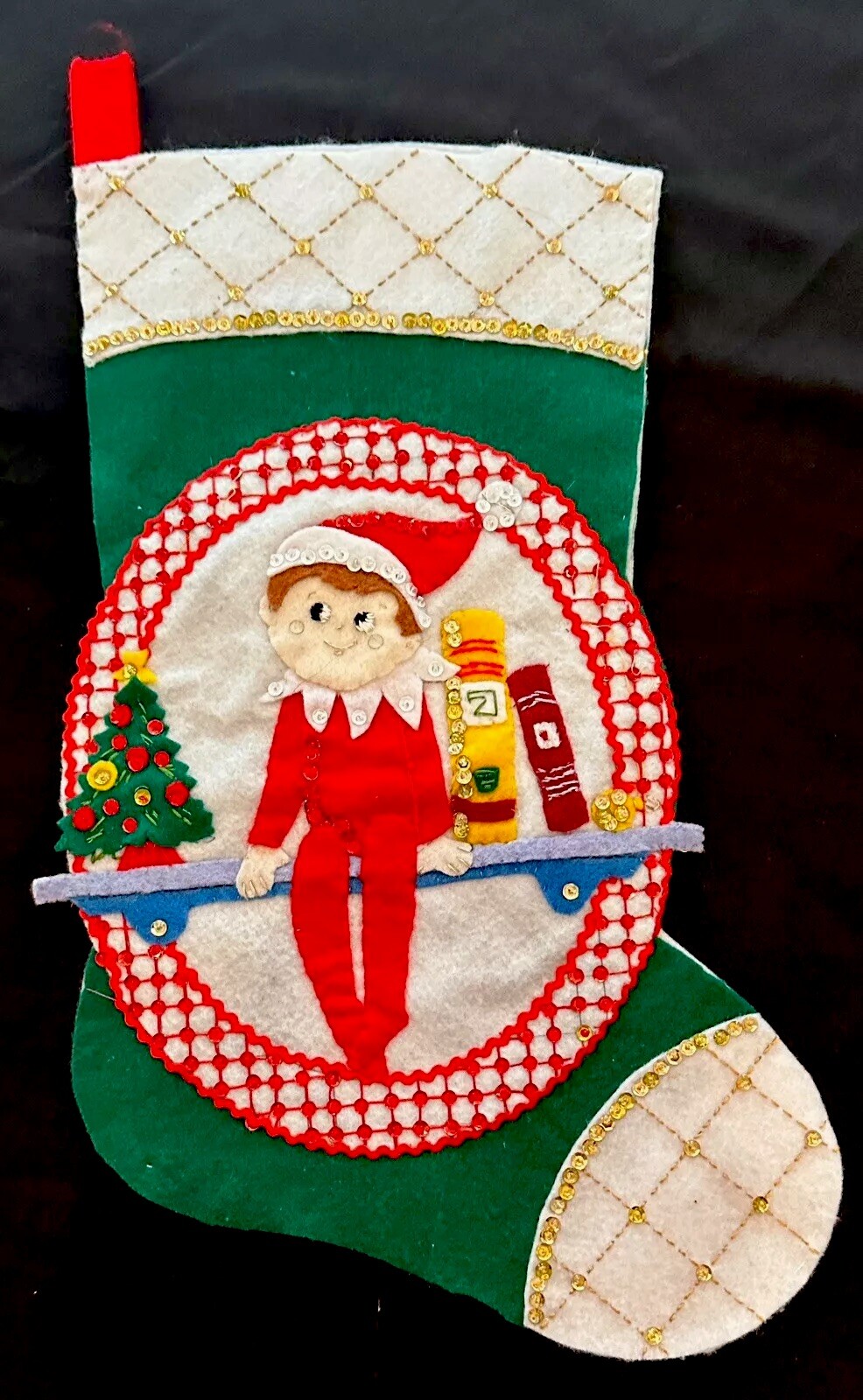 Elf Handmade Stocking Sequins + Rick Rack + Needlework