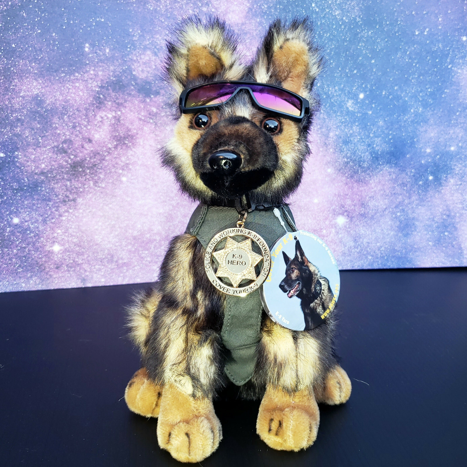 Sable German Shepherd Plush Police Dog w K9 Badge Mirrored Shades K9 fundraiser