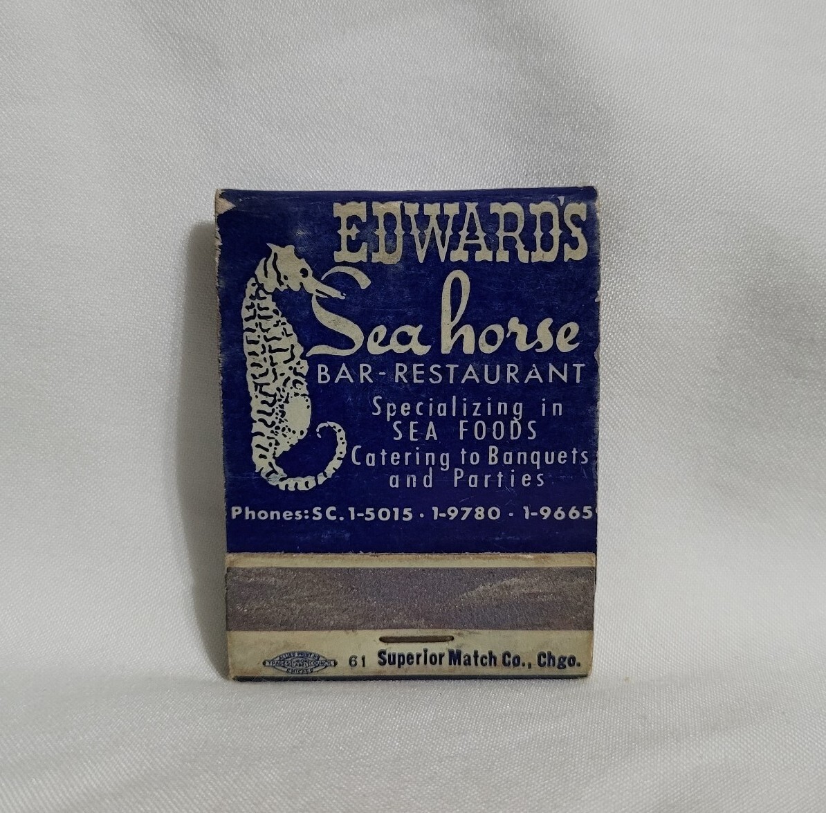 Vintage Matchbook Cover Edwards Seahorse Restaurant Bar Advertising