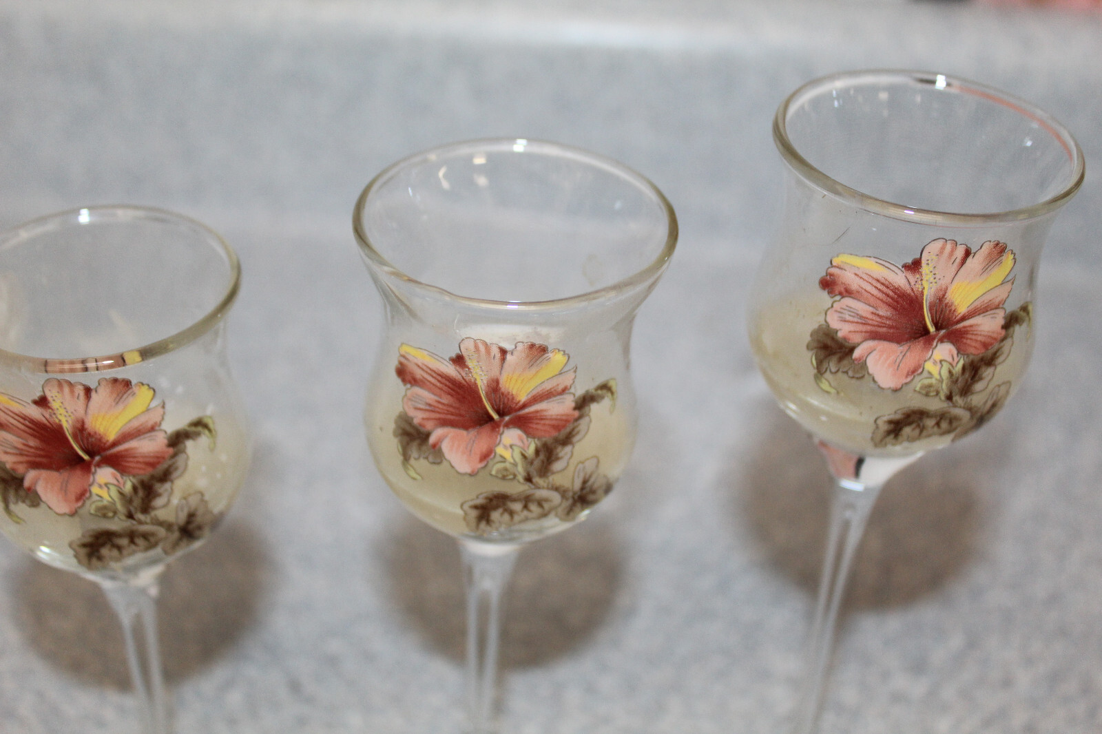 3 PC Set Vintage Stemmed Satin Glass Tea Light Candle Holders Floral