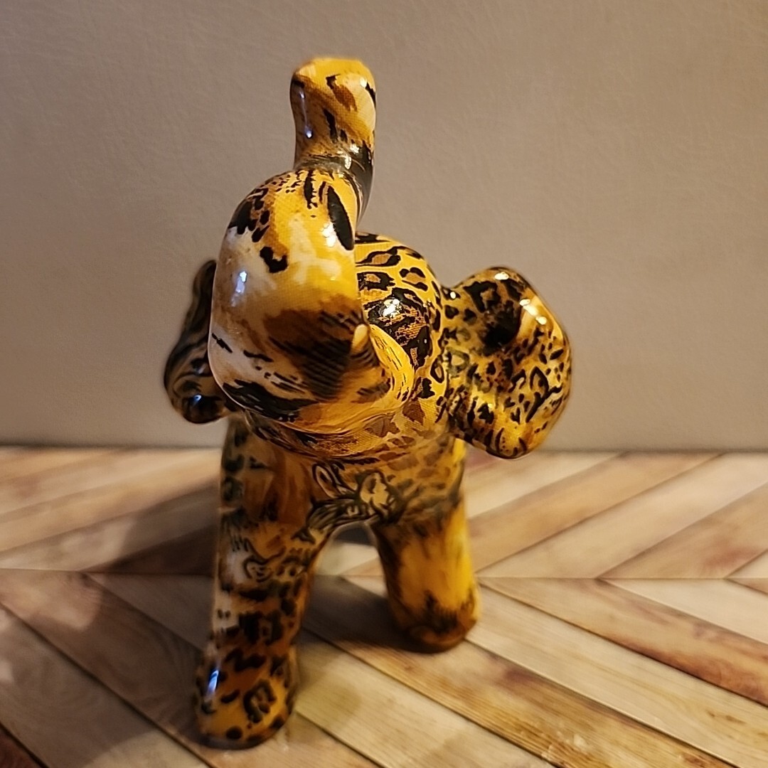 Patchwork Elephant Figurine Safari Animal Print 5″ Tall Ceramic