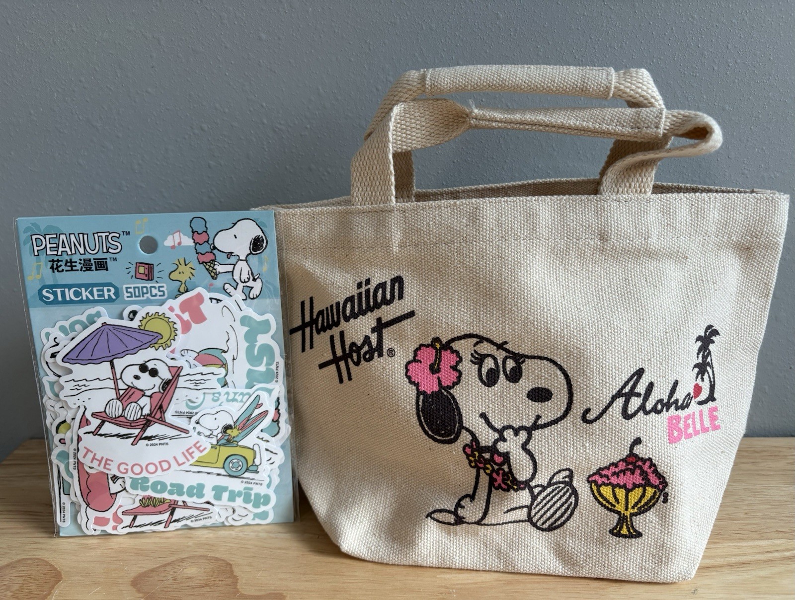 Peanuts Snoopy Combo: Small Aloha-“Hawaiian Host” Tote Bag & 50 Pcs Stickers