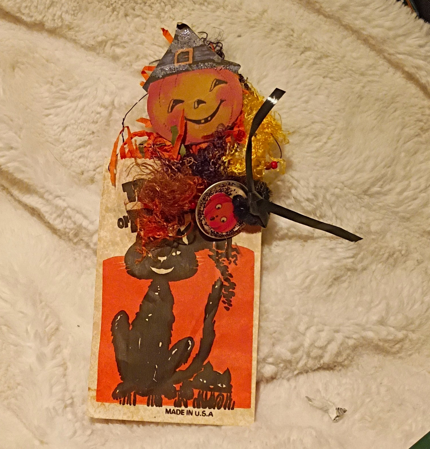 Halloween Paper Wall Hanging Tag w/ Black Cat Pattern & Jack-o’-Lantern, OLD
