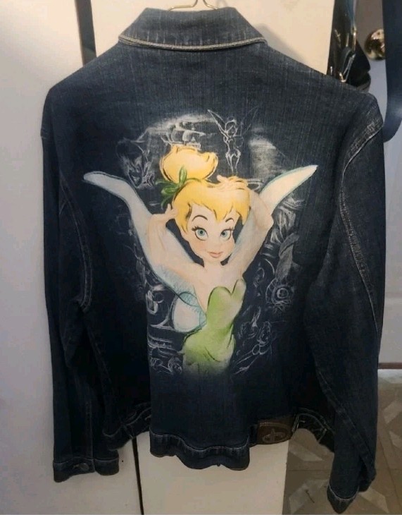 Disney Studios Tinkerbell Blue Denim Jean Jacket Size XL Y2K 2000s Grafitti