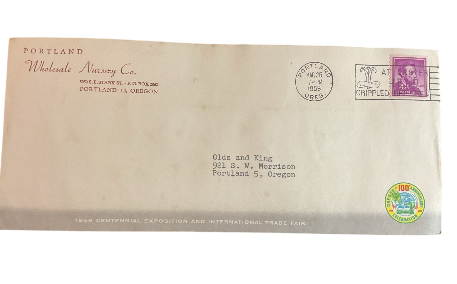Portland Wholesale Nursery Co Oregon 1959 Centennial Expo Letterhead Envelope ZH