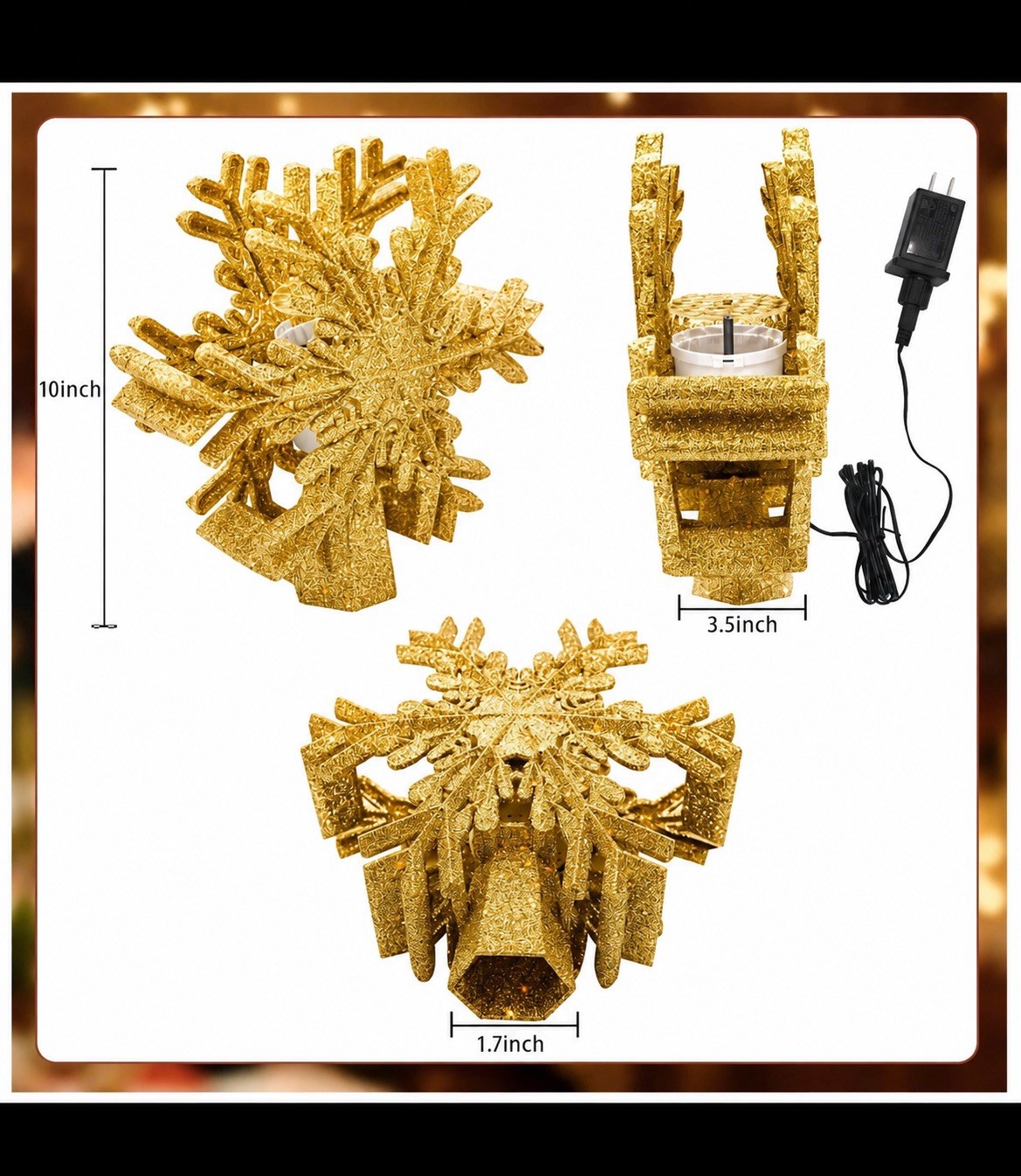 Christmas Tree Topper Star Projector Gold Snowflake 3D Rotating Glitter LED