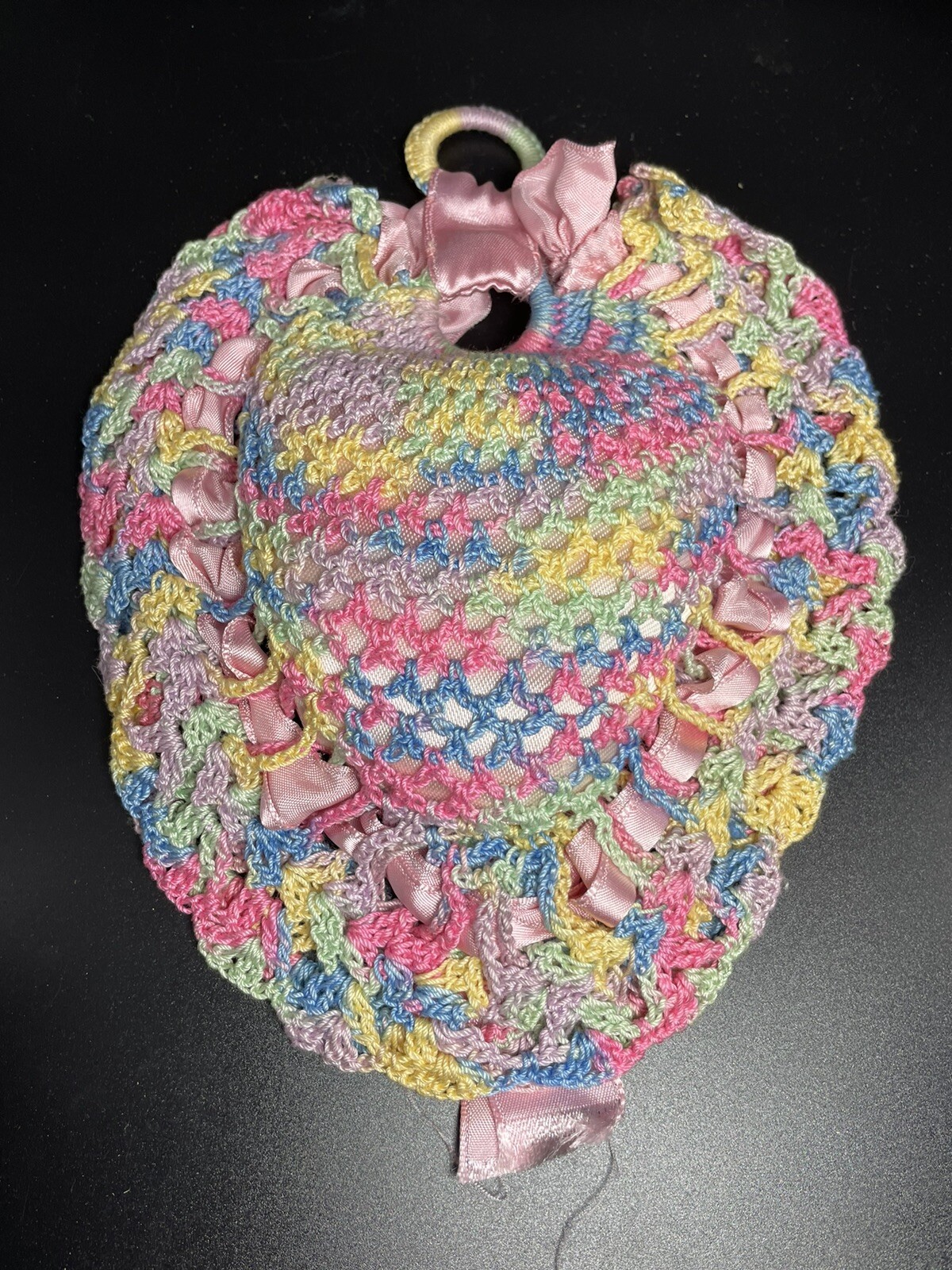 Vintage Hand Crocheted Heart Shaped Sachet Finished With Satin Ribbon