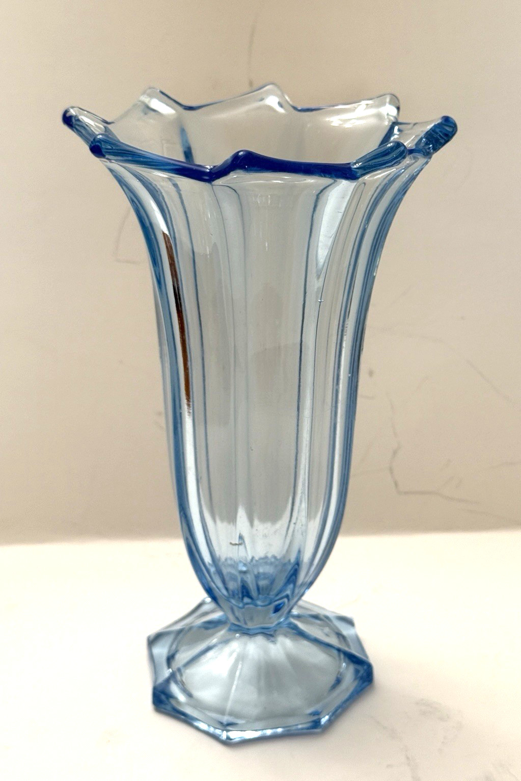 1930’s Art Deco Walther & Sohne Clear Blue Trafalgar Vase 8″h 8 Panel Germany