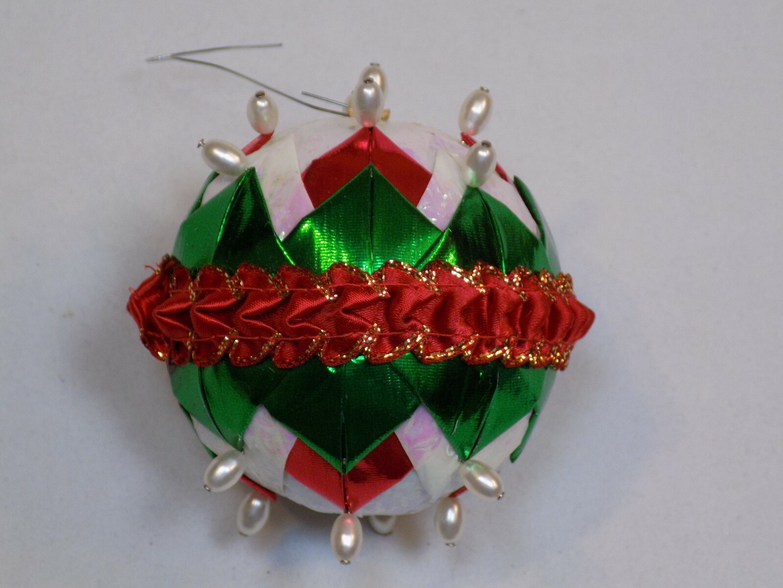 Christmas Ball Vintage Old Tree Ornament Pearl Red Green Metallic Ribbon Holiday