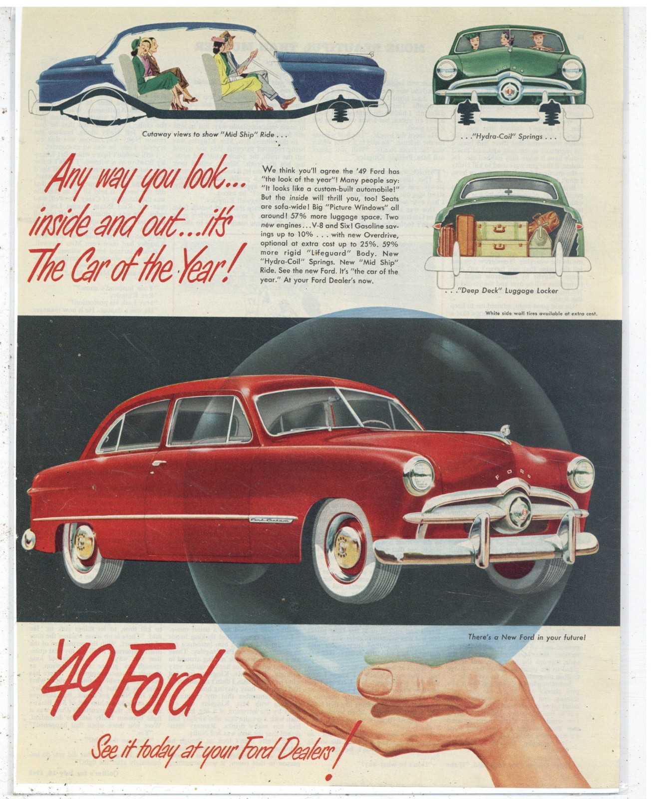 1949 Ford Automobile Ad: Cutaway Side & Trunk Views of Ford Custom Model