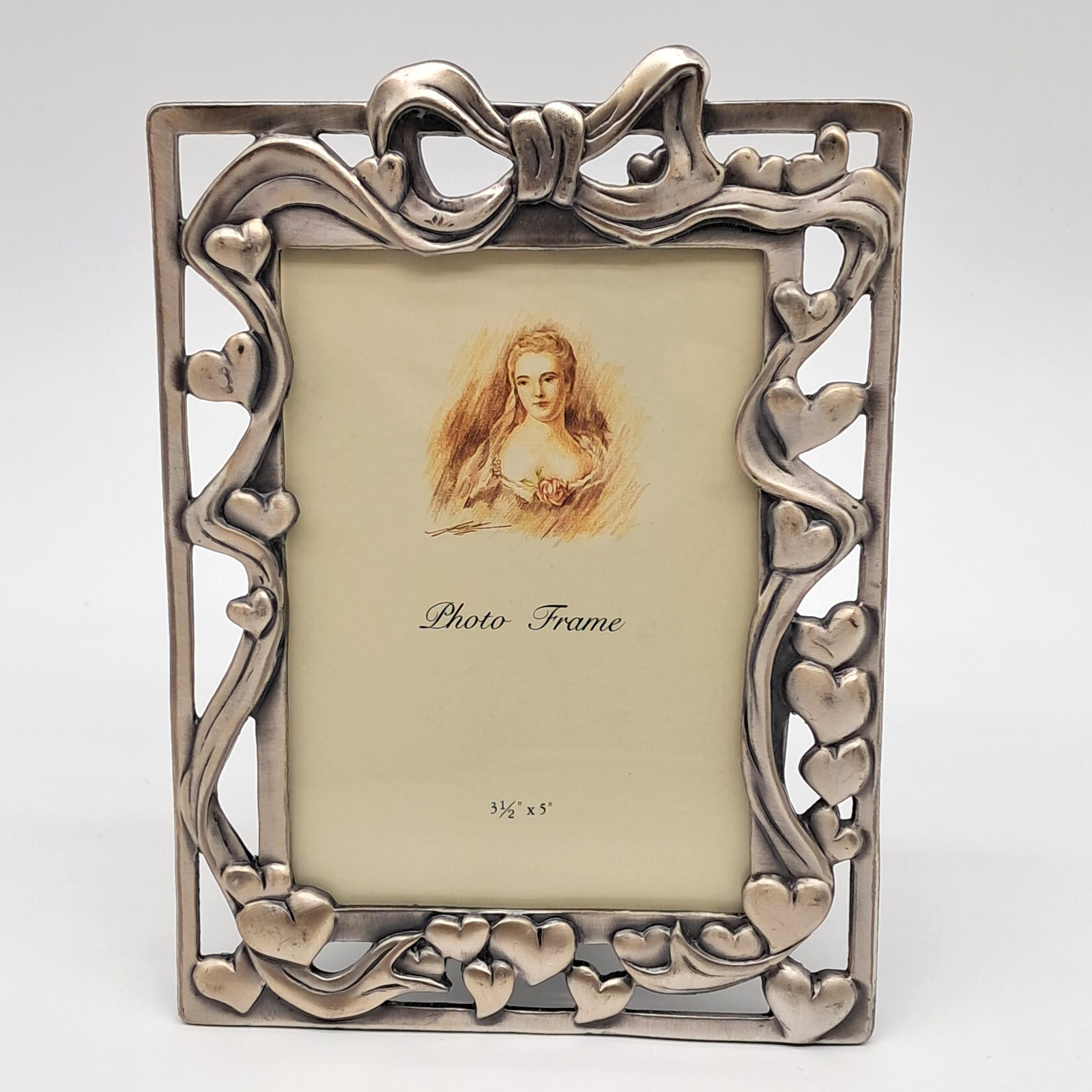 Vintage Pewter Photo Frame for 3.5 x 5 Picture Hearts Bow Ribbons Taiwan ROC