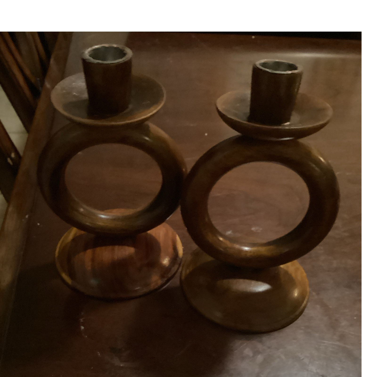 Unmarked Pair Round Brown Wood-Finished Candle Holders, Wood Grain (2 Pack)