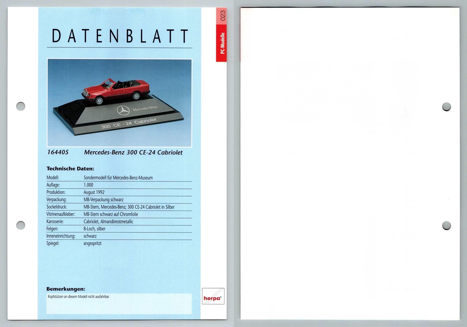Mercedes Benz 300 CE-24 Cabriolet #23 PC-Modelle – Herpa Data Sheet