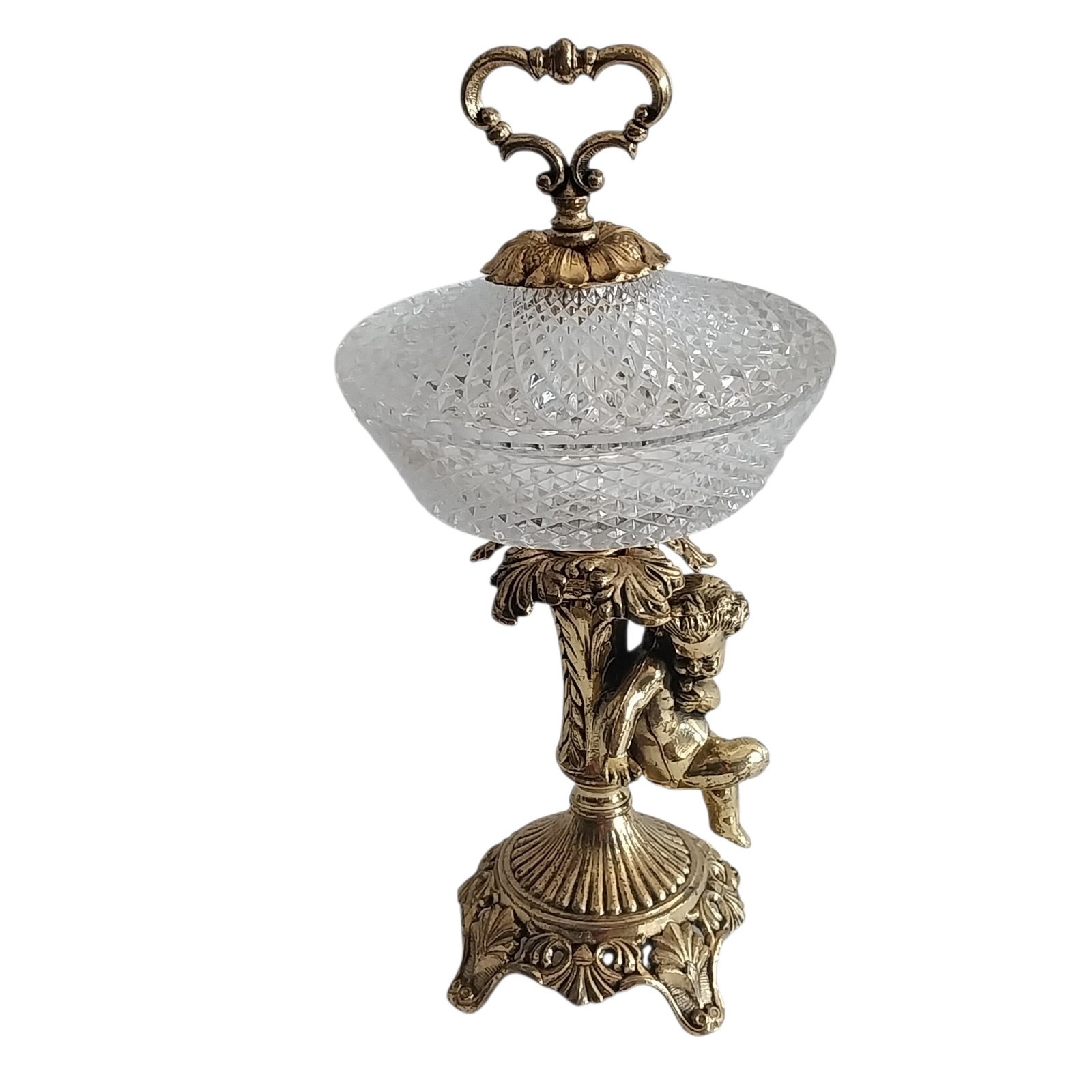 Vtg Crystal Lidded Compote Cherub Gilt Metal Base 13.5″Hollywood Regency Patina
