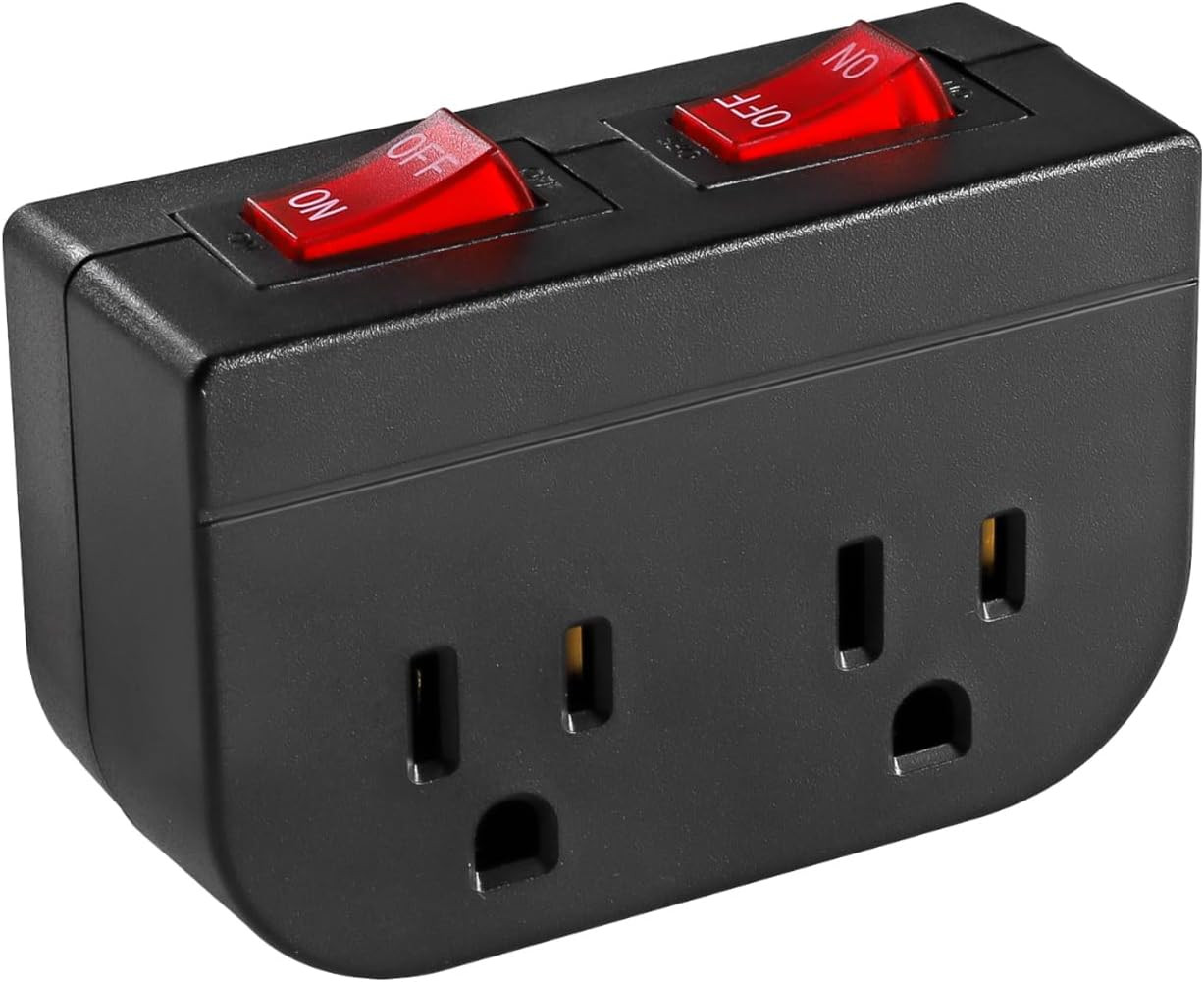 Grounded Outlet Adapter w/ Dual On/Off Switch 2 Port 15A Wall Tap ETL Black