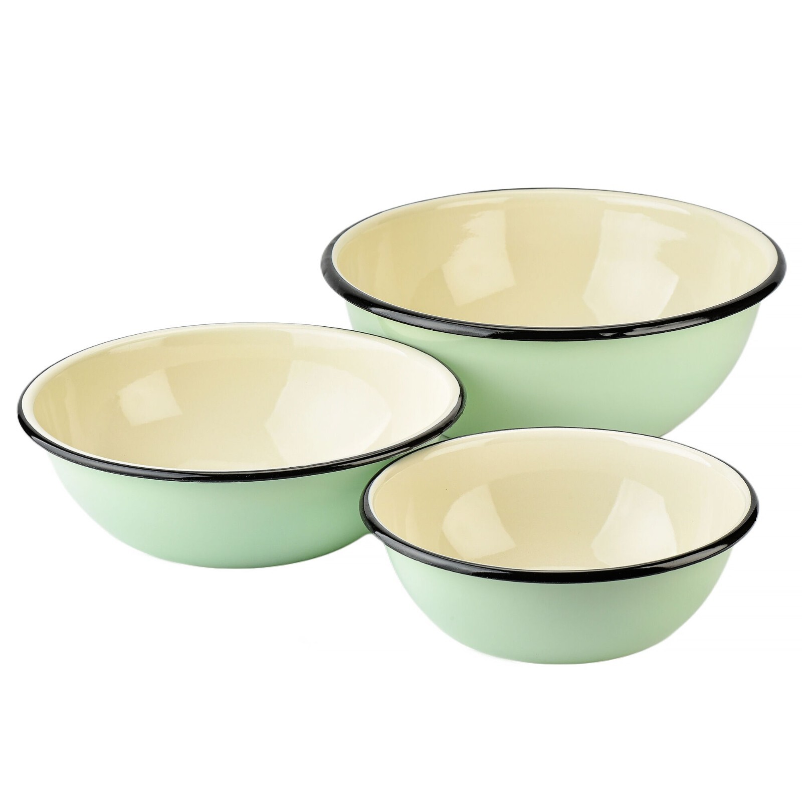 Novomoskovsk Green Enamel Bowl Set of 3 Mixing Bowl Set – 1.6 qt, 2.7 qt, 4.2 qt