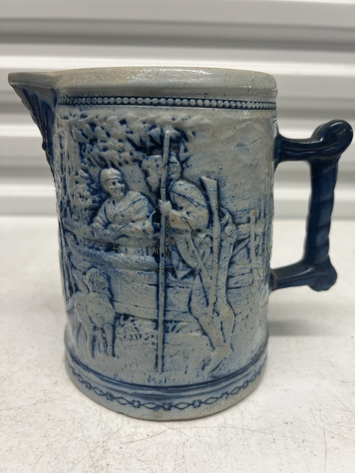 Antique Blue & Gray Salt Glazed Stoneware Pitcher (1800s) | Cobalt Provenance
