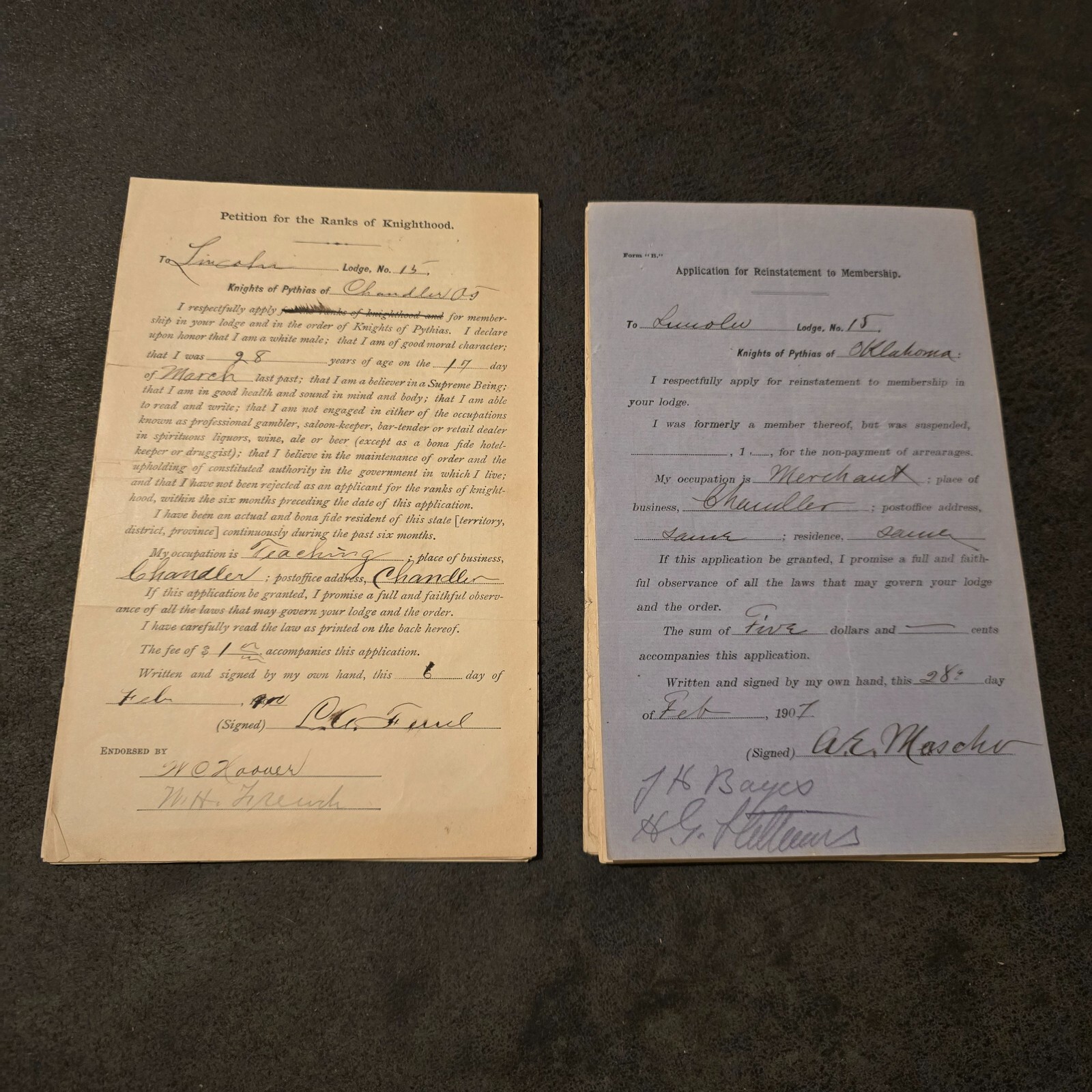 1900s Application for Rank of Knighthood Knights of Pythias Chandler Oklahoma