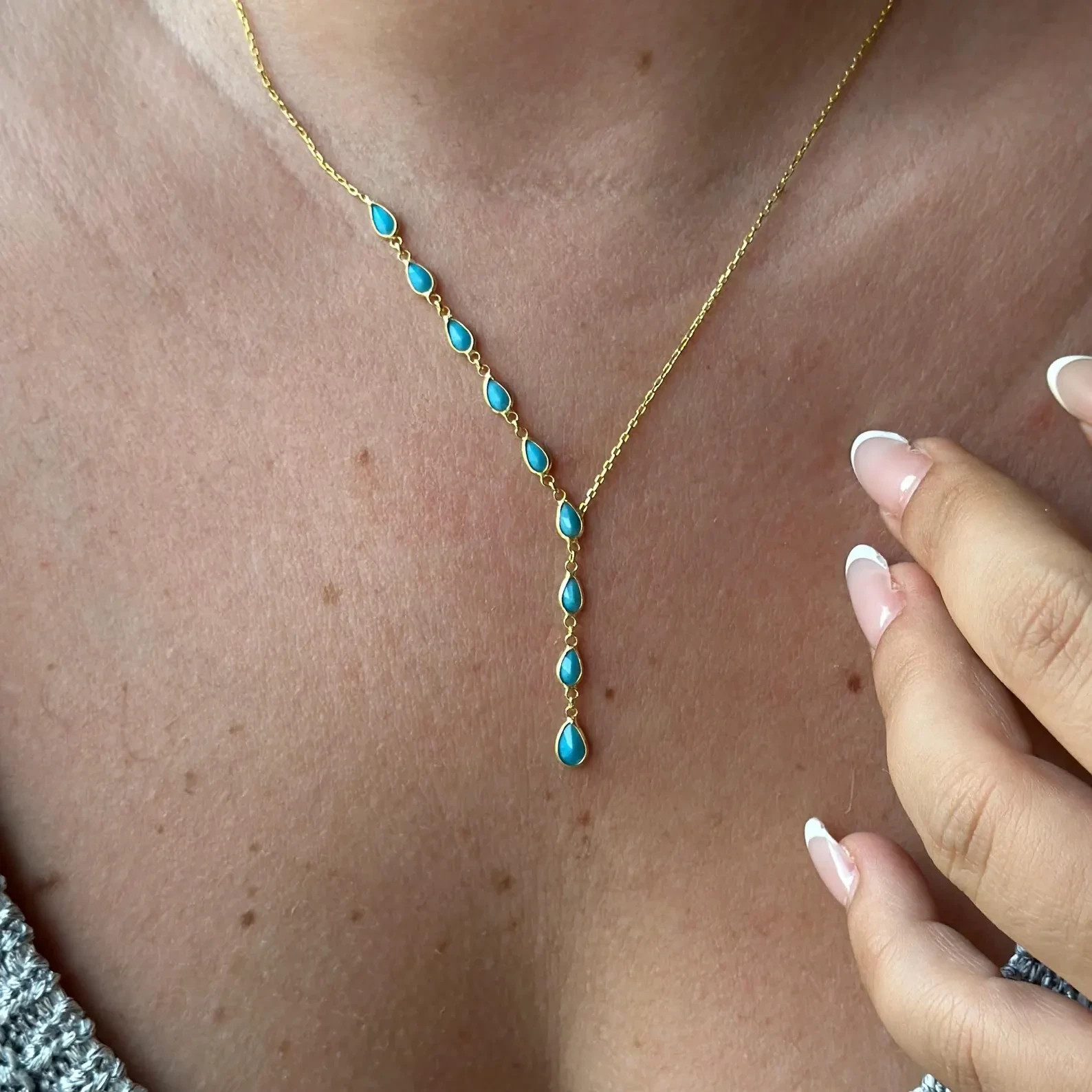 18K Yellow Gold Over Turquoise Teardrop Y-Necklace – Dainty Layering Jewelry 18″