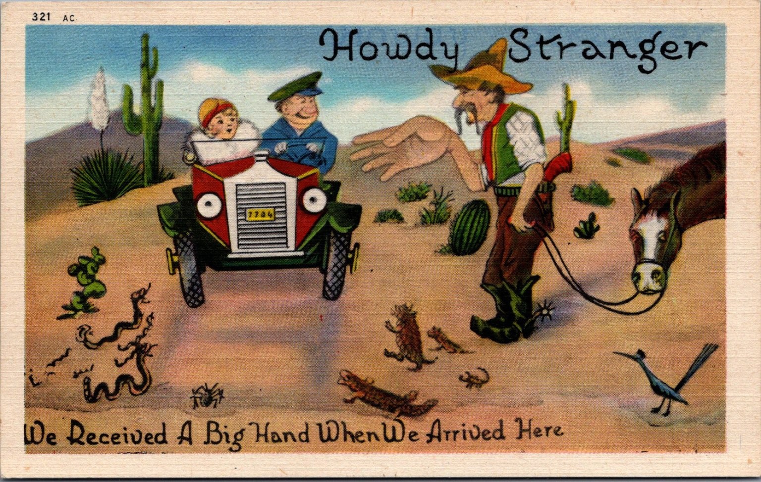 Howdy Stranger Big Hand Desert Humor Linen Postcard Herz San Diego