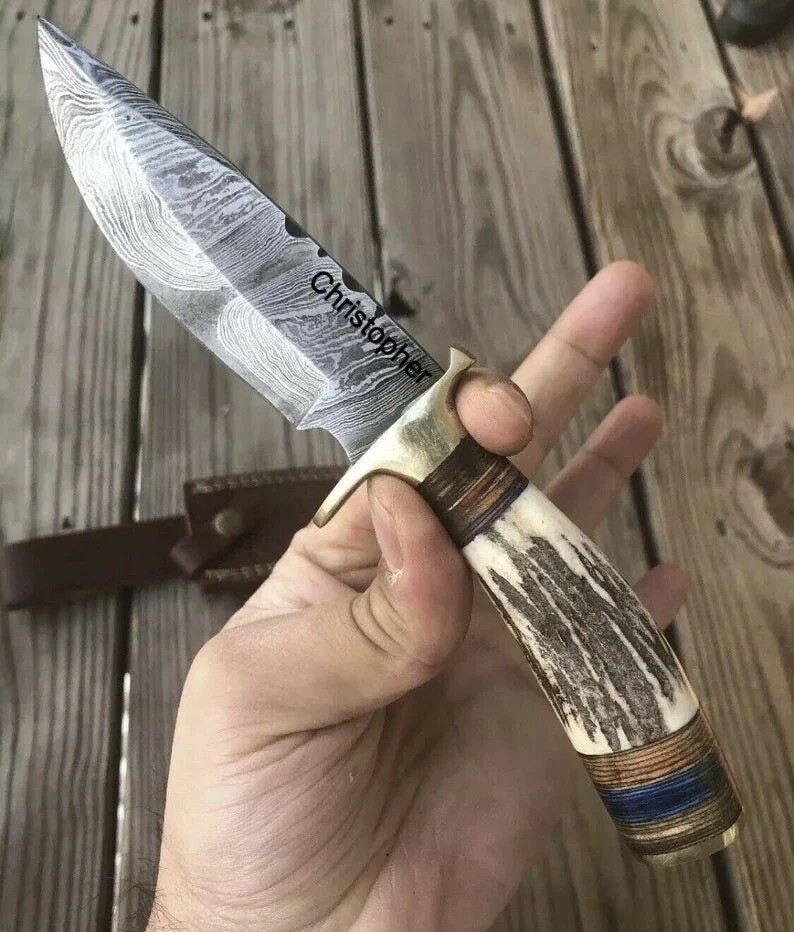 8″ CUSTOM HANDMADE DAMASCUS HUNTING SKINNING KNIFE DEER STAG Antler HANDLE