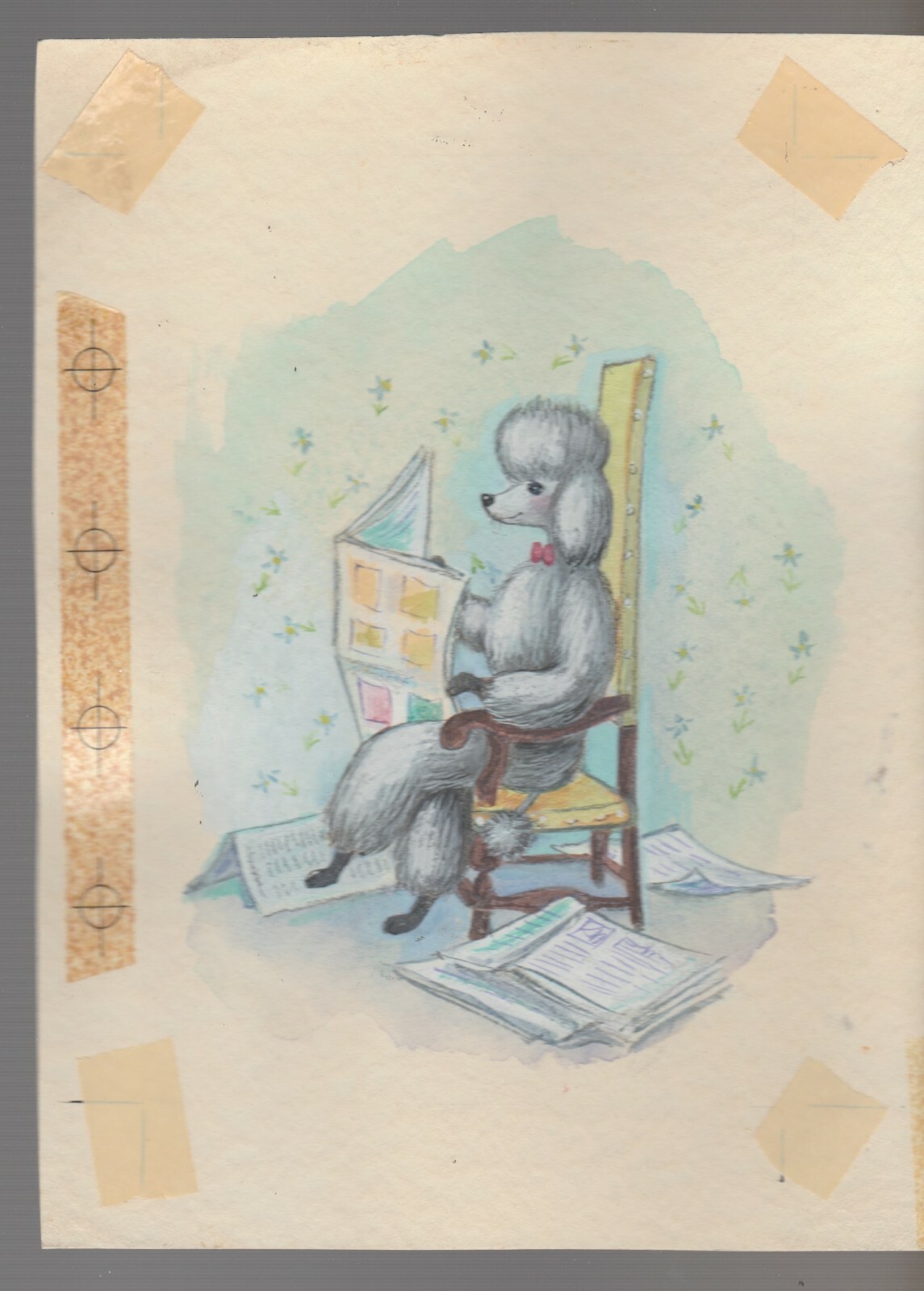 GET WELL SOON Poodle in Chair Reading Newspaper 7×9.25″ Greeting Card Art #C1605