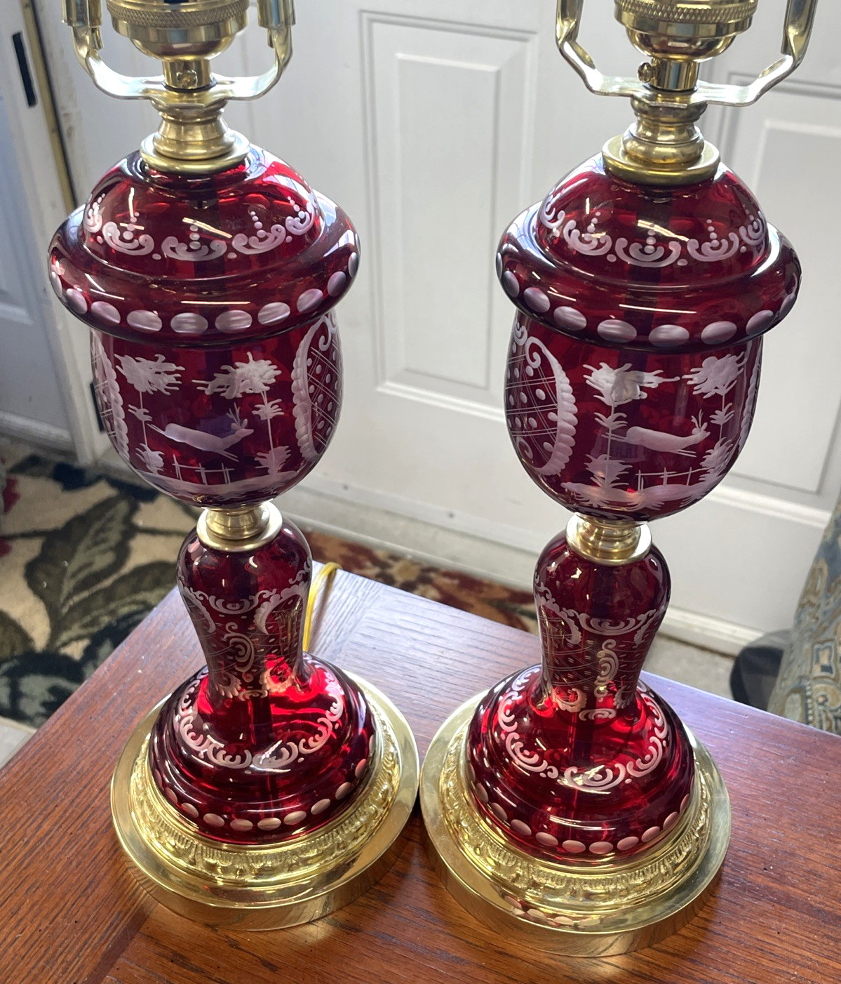 PAIR Vtg 1940’s Cranberry Ruby Red Cut to Clear Glass Table Lamps Czech Bohemian