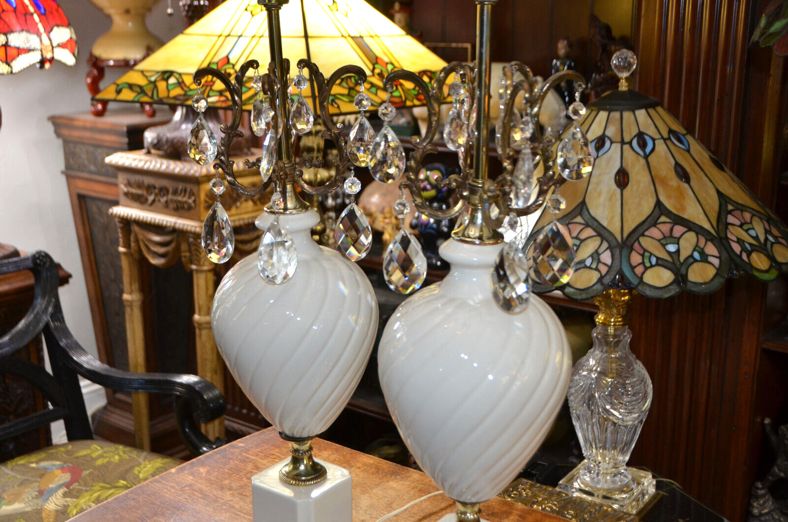 Pair Neo-Classical Porcelain Spelter Chandelier Urn Table Lamps No Shades