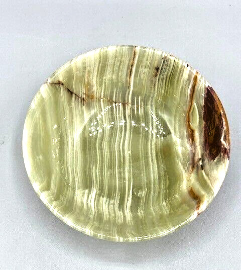 Small Green Onyx Trinket Dish 3.75″ diameter – Green, Brown, White, & Cream EUC