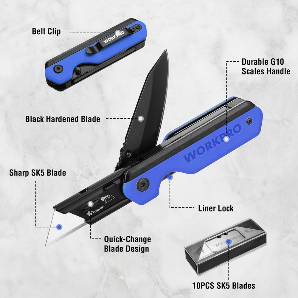 WORKPRO 2-in-1 Folding Utility Knife Pocket Knife Box Cutter Quick-Change Blades